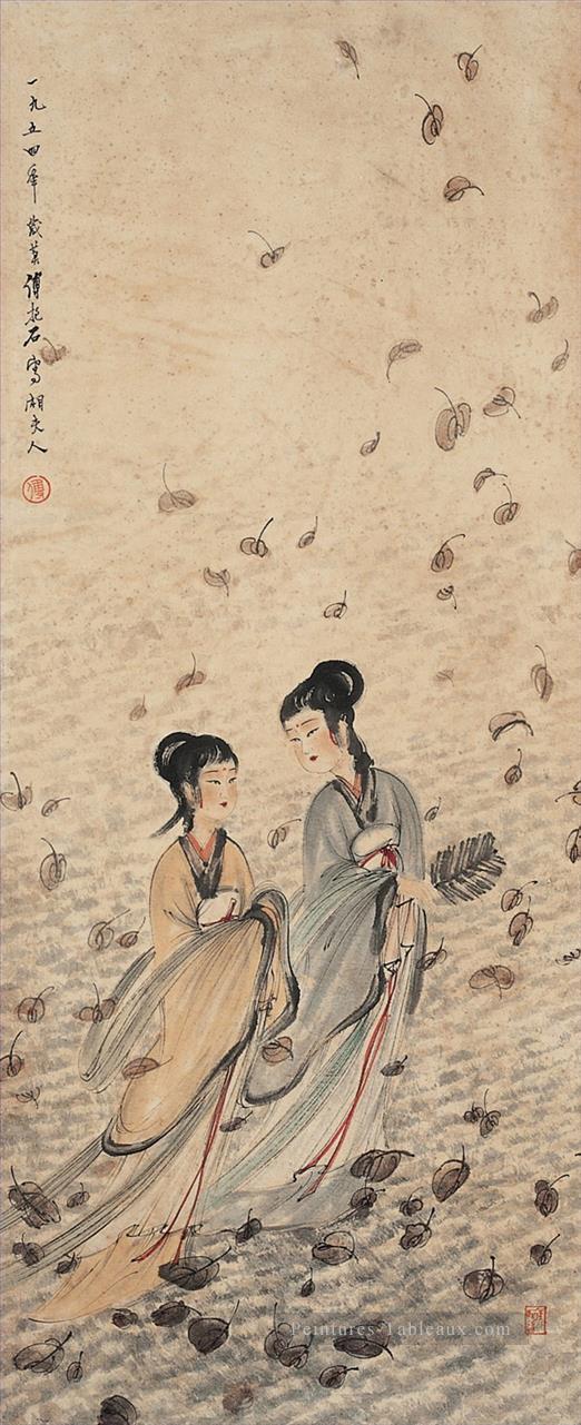 deux dames en tombant feuilles Fu Baoshi chinois traditionnel Peintures à l'huile
